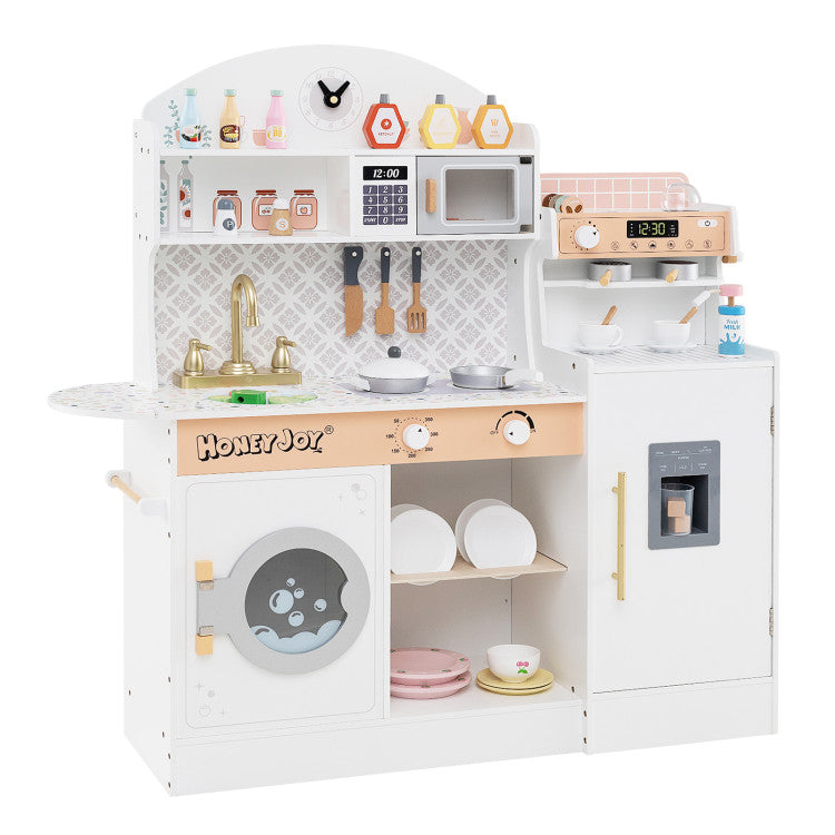 Kids play kitchen set with interactive coffee machine, ice dispenser, and 27 accessories for imaginative role-play.