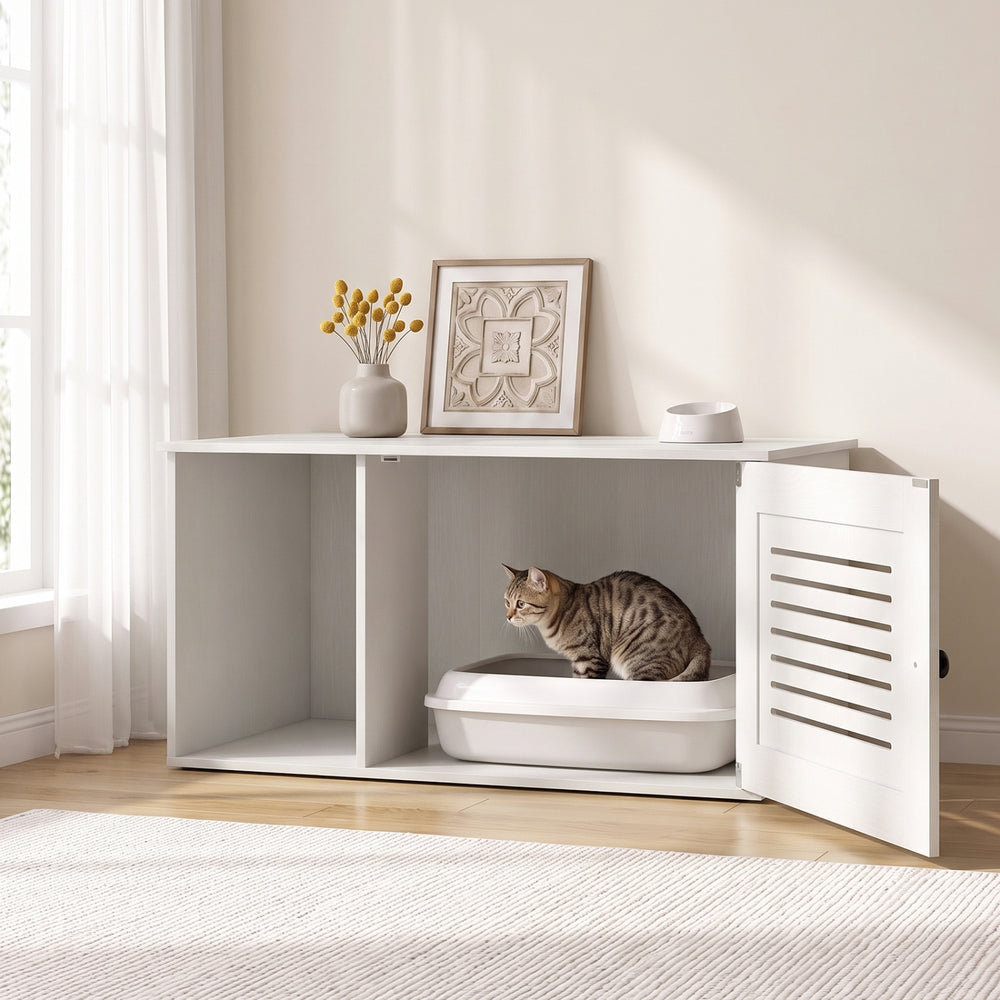 Cat litter box enclosure with side entrance in natural/white, featuring spacious design and elegant styling for versatile use.