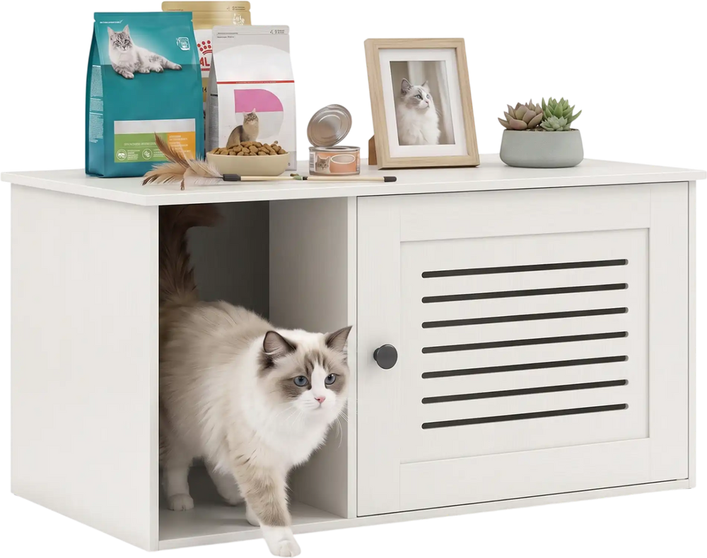 Cat litter box enclosure with side entrance in natural/white, featuring a spacious interior and ventilated door for air circulation.