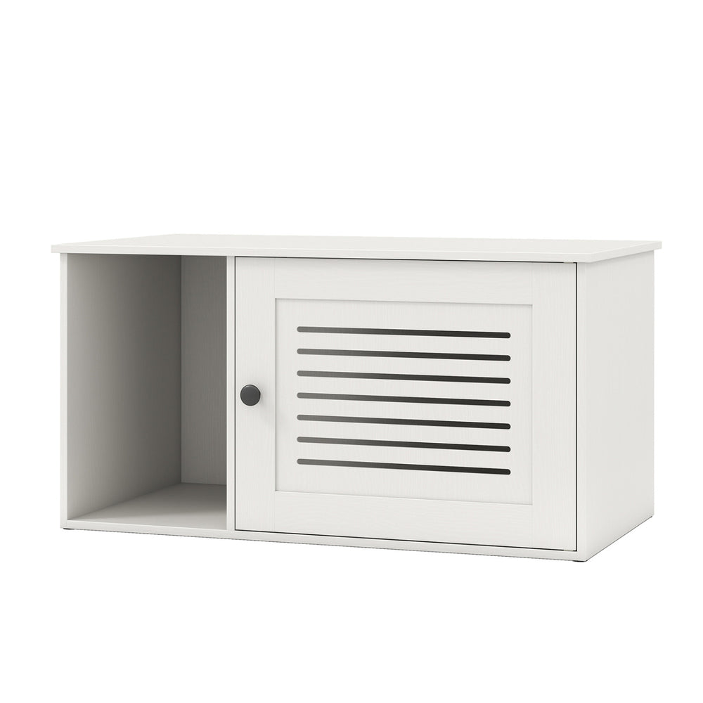 Cat litter box enclosure in white with side entrance, spacious interior, and ventilated door for tidy home organization.