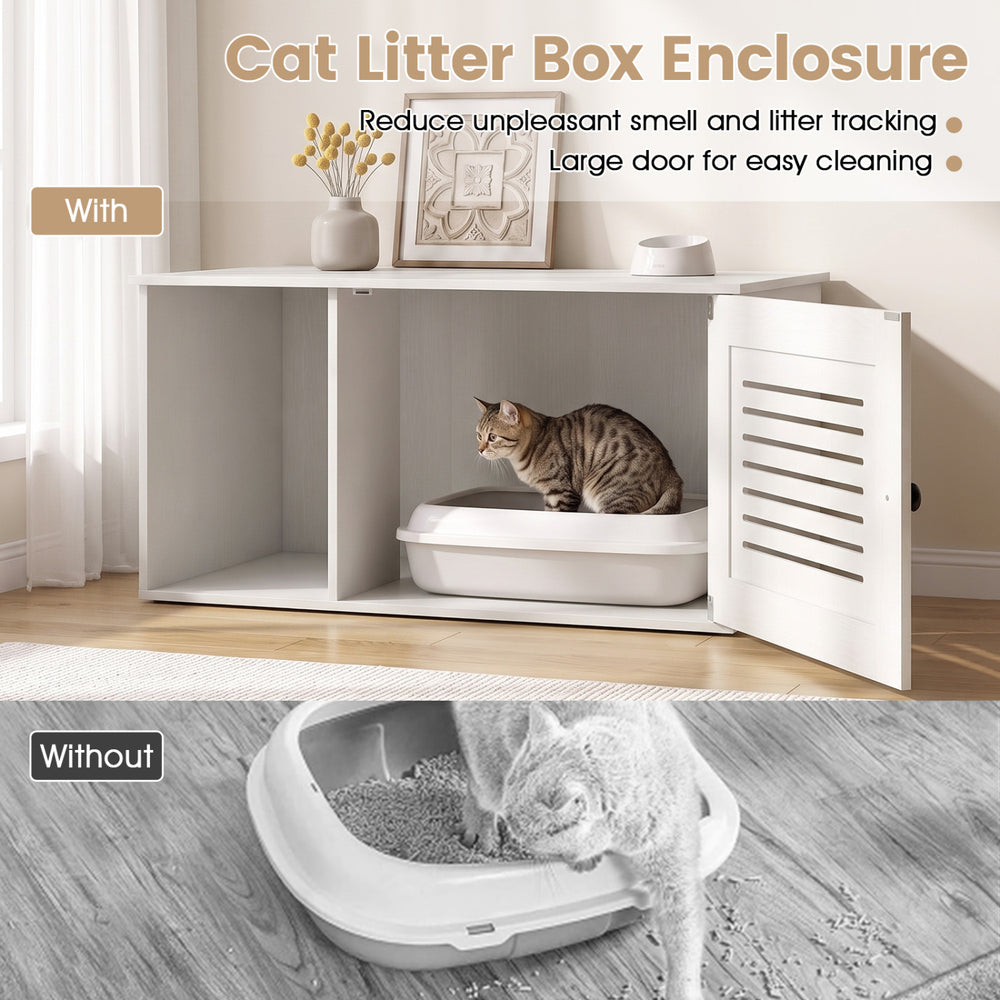 Cat litter box enclosure in white with side entrance, spacious interior, and elegant design for tidy home use.