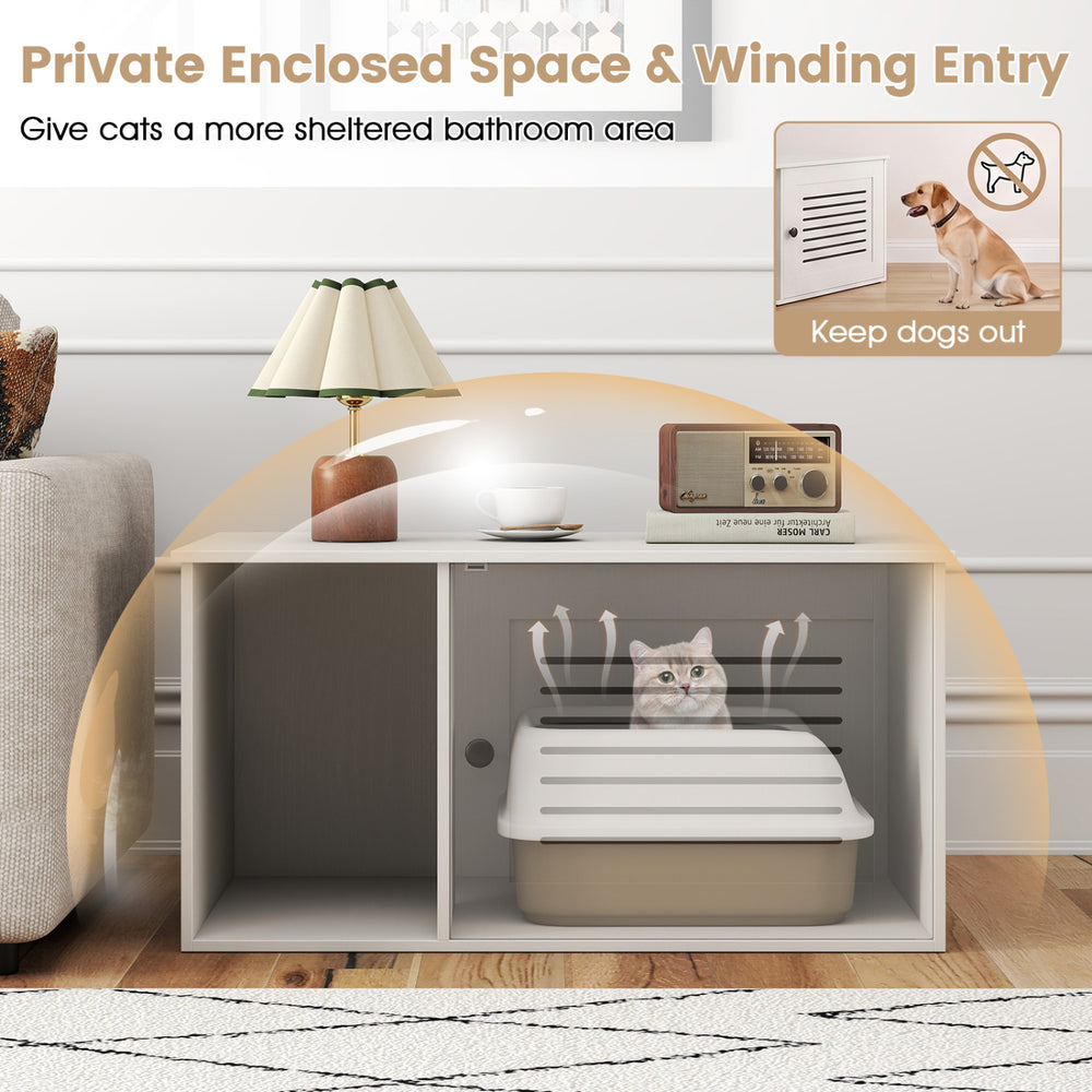 Cat litter box enclosure with side entrance in natural/white, offering a tidy space and stylish surface for decor.