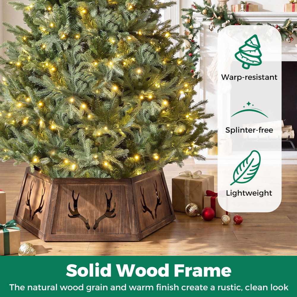 Christmas tree collar with antler design, lightweight solid wood frame, and tool-free setup for easy holiday decorating.