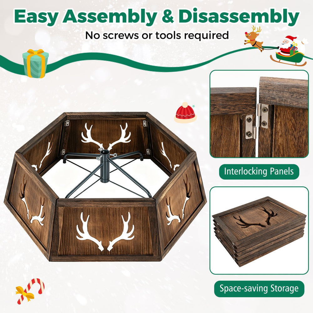 Christmas tree collar features interlocking panels for tool-free setup, showcasing a rustic finish with decorative antler cutouts.