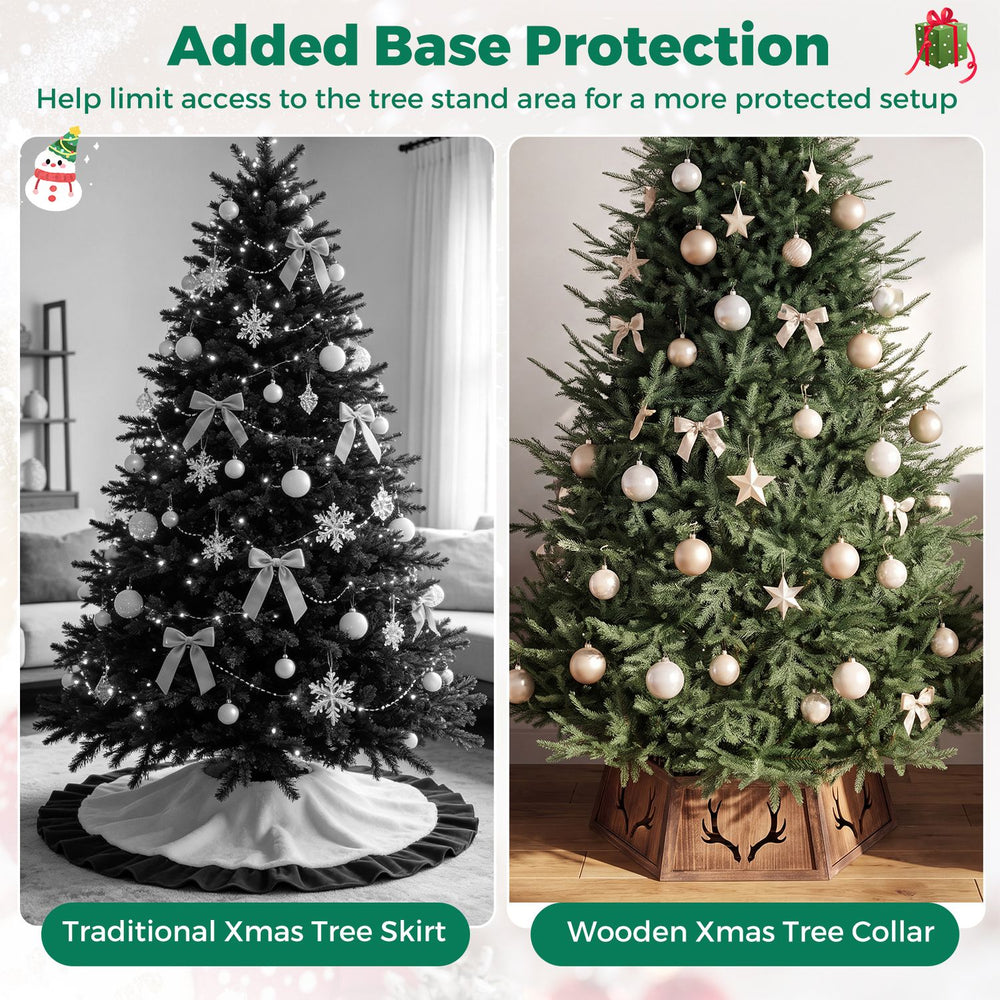 Wooden Christmas tree collar with decorative cutout patterns provides base protection for 6 to 9 ft artificial trees.