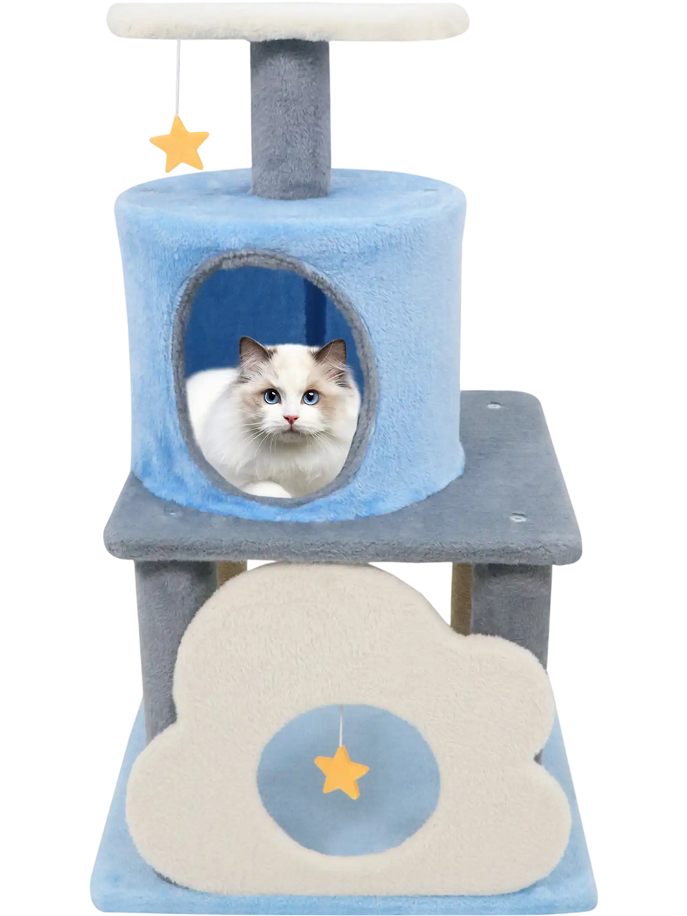 Multi-level blue cat tree with cloud-shaped cave, star toy, and plush fabric for lounging and playful interaction.