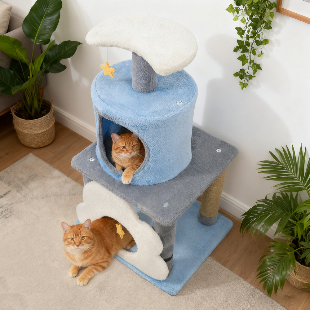 Multi-level blue cat tree with cloud-shaped cave and moon perch, featuring two cats lounging and a star-shaped toy.
