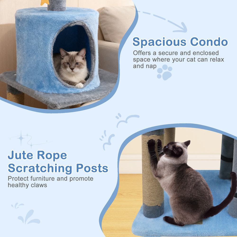 Spacious cat condo with jute rope scratching posts, designed for lounging, napping, and promoting healthy claws.