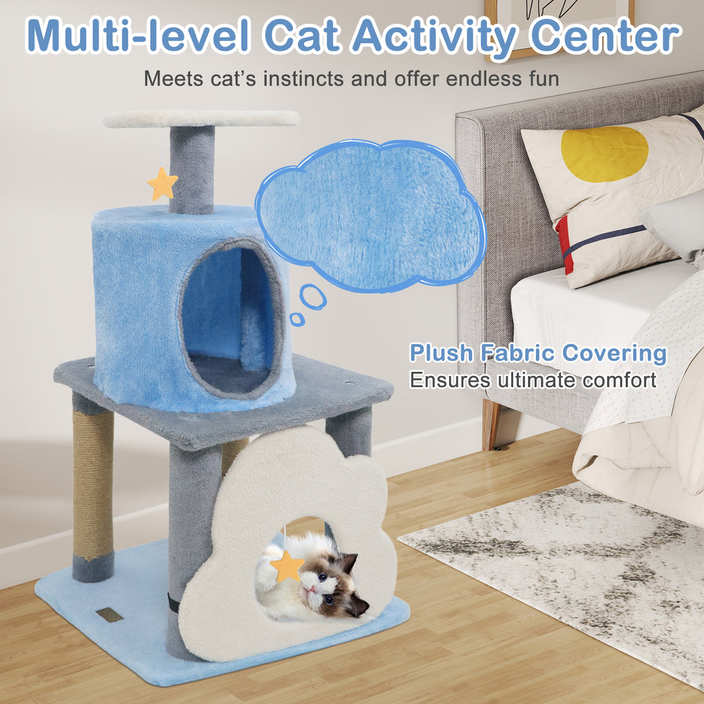 Multi-level cat tree in blue with plush fabric, featuring a cloud-shaped cave and star-shaped toy for playful lounging.