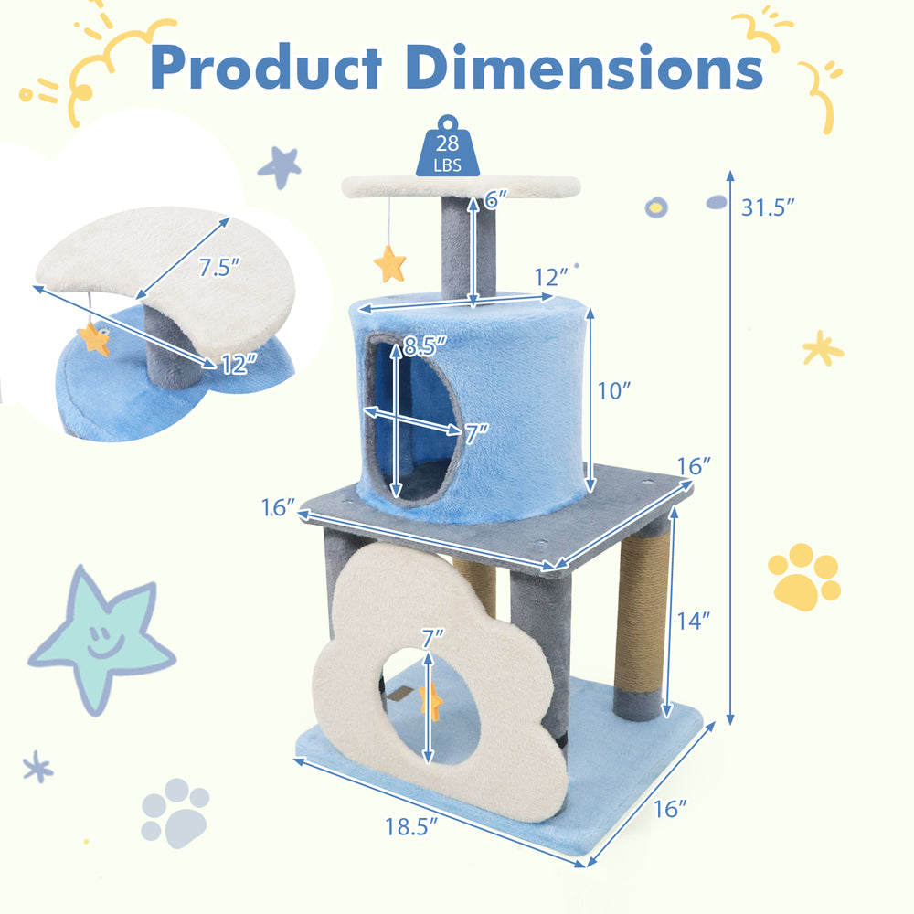 Multi-level blue cat tree with cloud-shaped cave, moon perch, and scratching posts, perfect for feline play and.