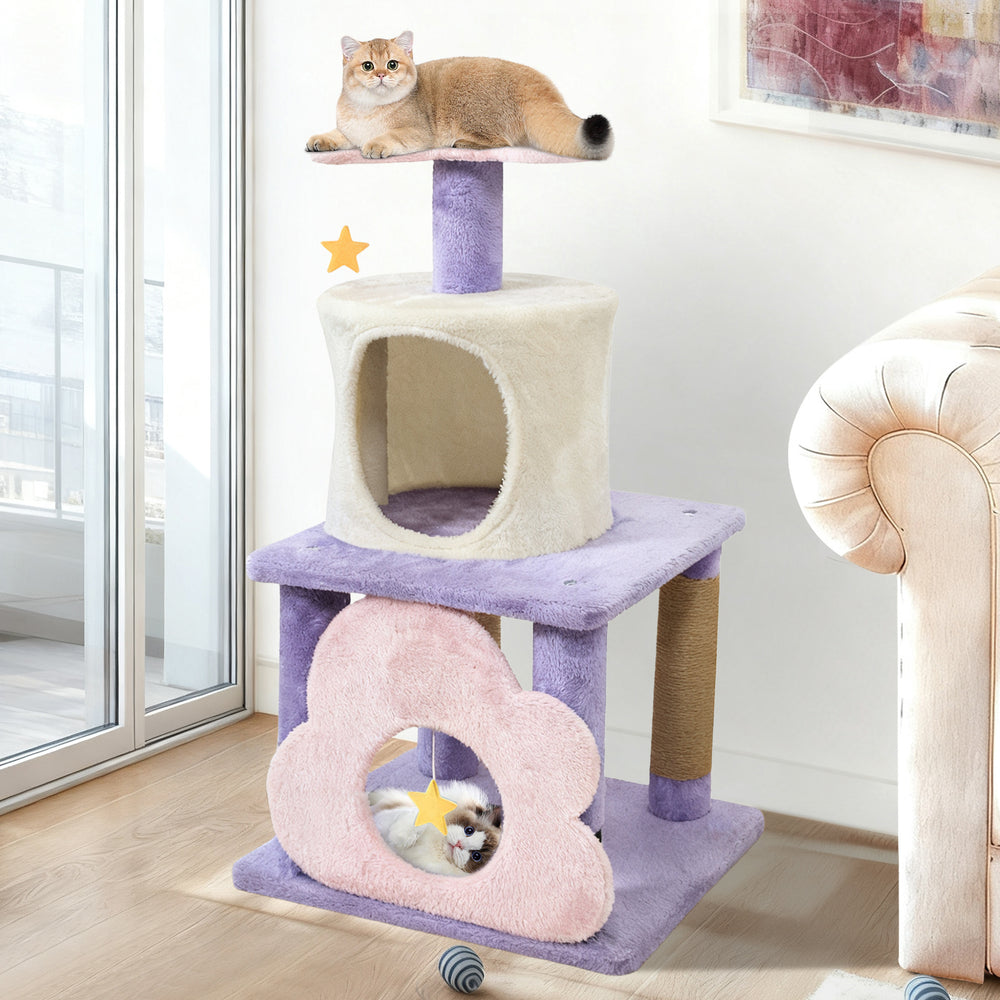 31.5" Cute Modern Cat Tree Multi-Level Kitten Tower-Purple - Gallery View 1 of 10