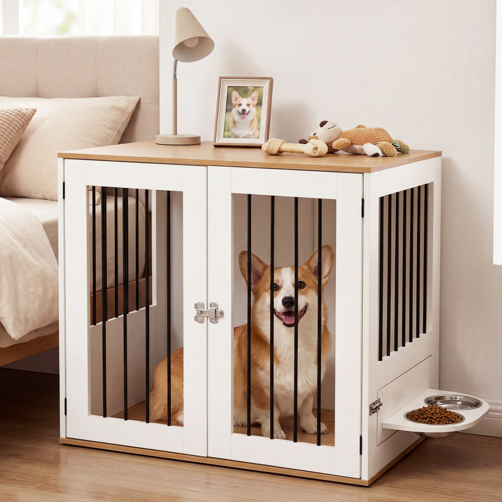 Wooden dog crate furniture with double lock doors, spacious tabletop, and stainless steel bowls for secure pet.