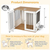 Wooden dog crate furniture with dual front doors, stainless steel bowls, and spacious tabletop for pet supplies.