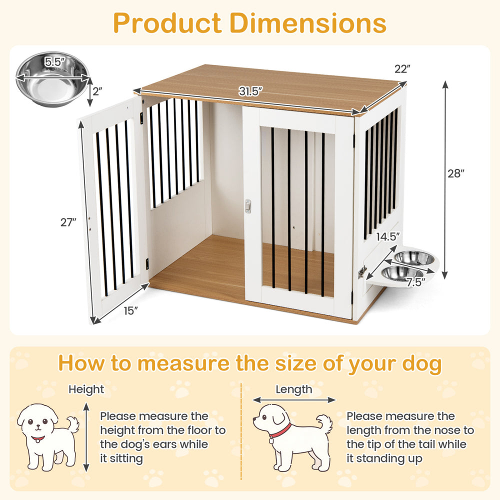 Wooden dog crate furniture with dual front doors, stainless steel bowls, and spacious tabletop for pet supplies.