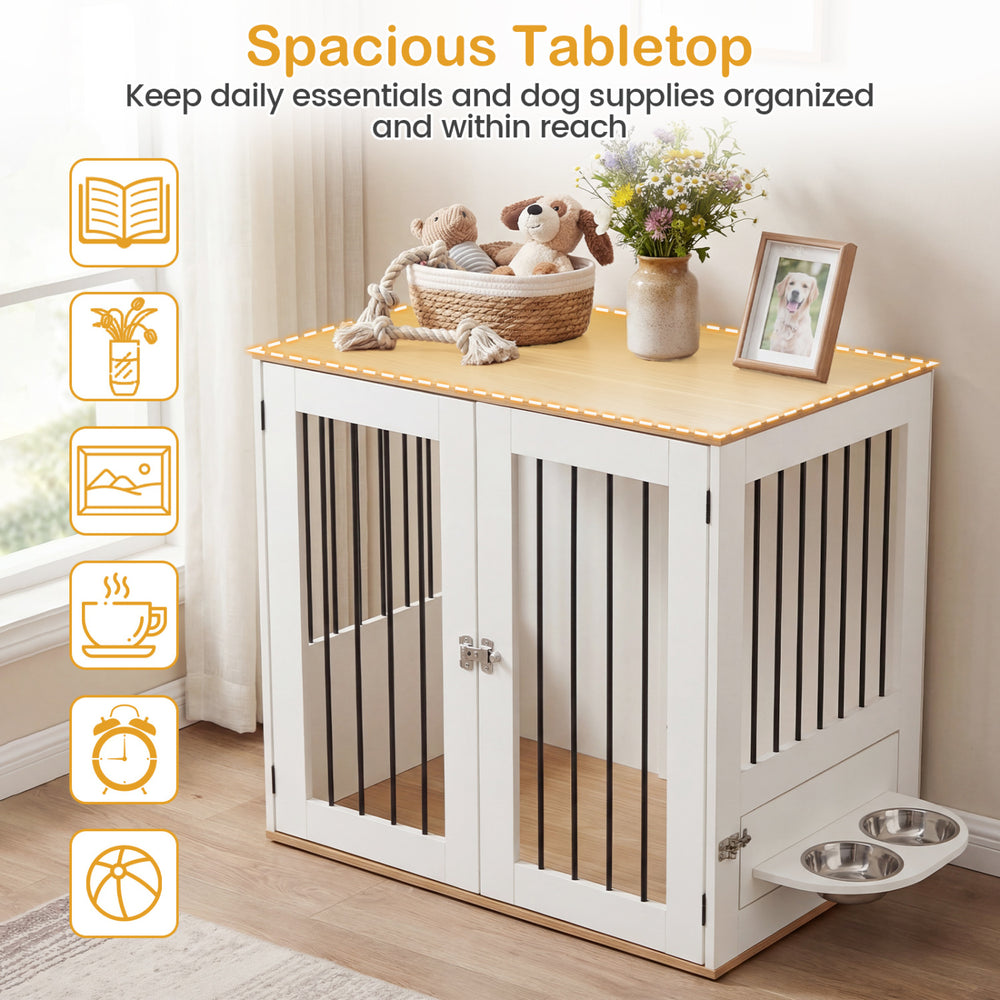 Wooden dog crate furniture with spacious tabletop, dual lock doors, and stainless steel bowls for pet supplies and.