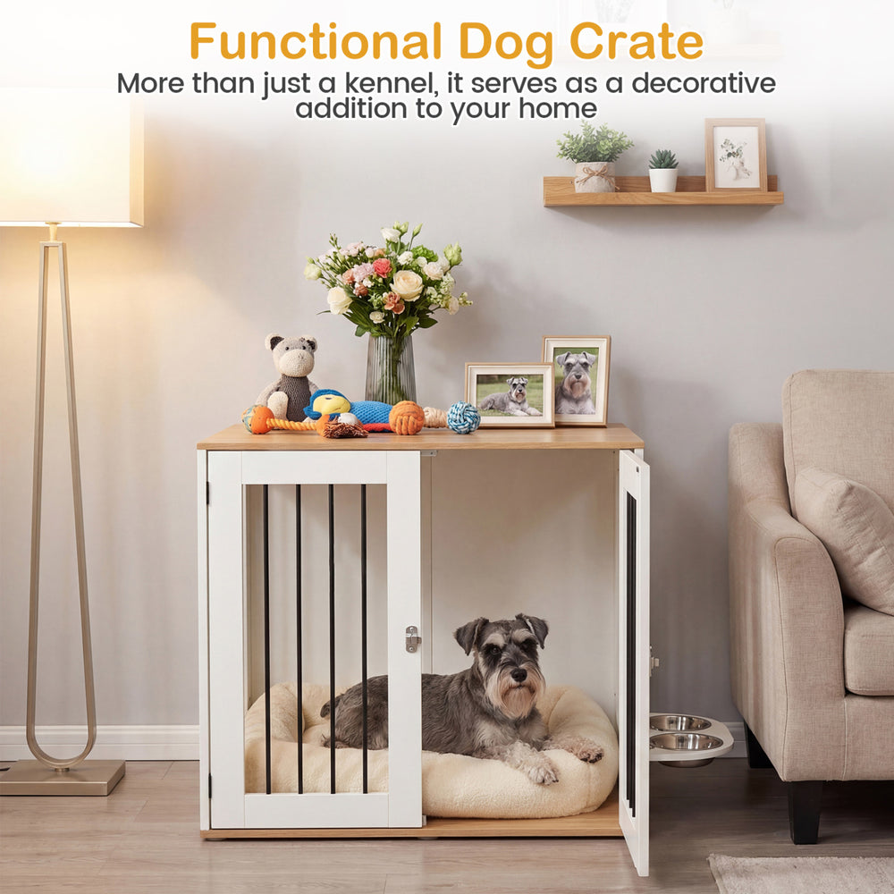 Wooden dog crate furniture with dual lock doors, spacious tabletop, and stainless steel bowls for stylish pet.