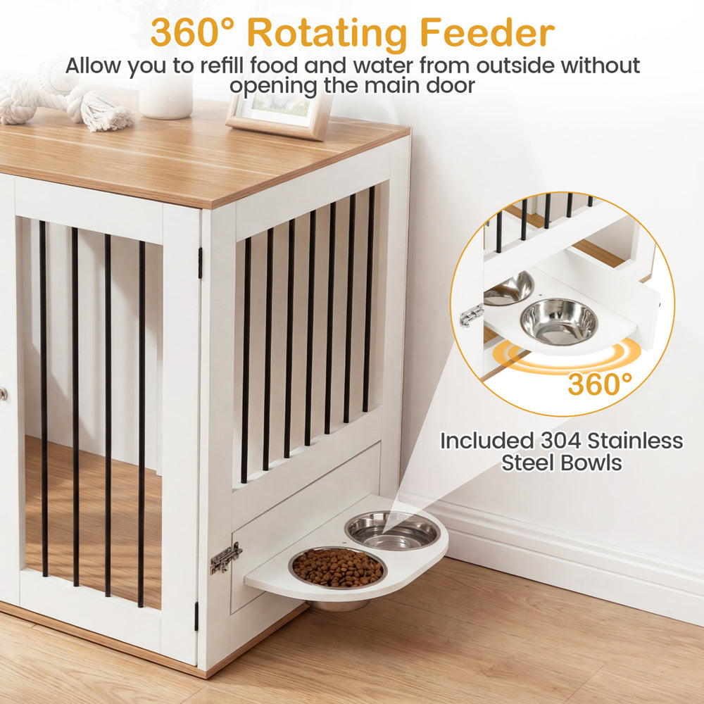 Rotating feeder with 304 stainless steel bowls on a wooden dog kennel for easy access and enhanced pet care.