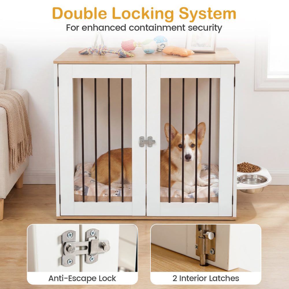 Wooden dog kennel with double lock doors, spacious tabletop, and stainless steel bowls for secure pet containment.