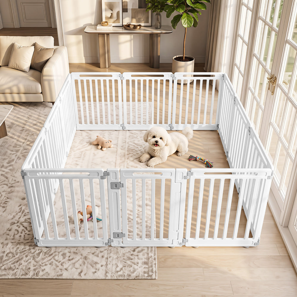 Indoor outdoor dog playpen with 12 panels in white, made of durable HDPE material for customizable pet space.