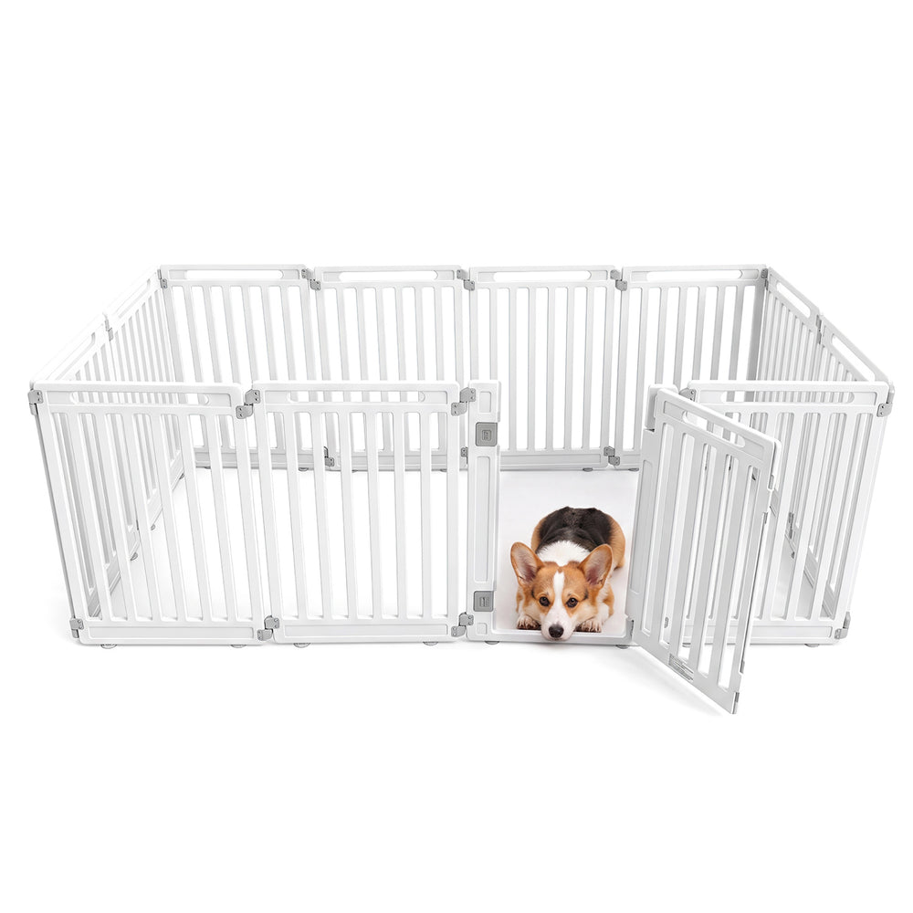 Indoor outdoor dog playpen with 12 panels in white, made of durable HDPE material for flexible setup and stability.