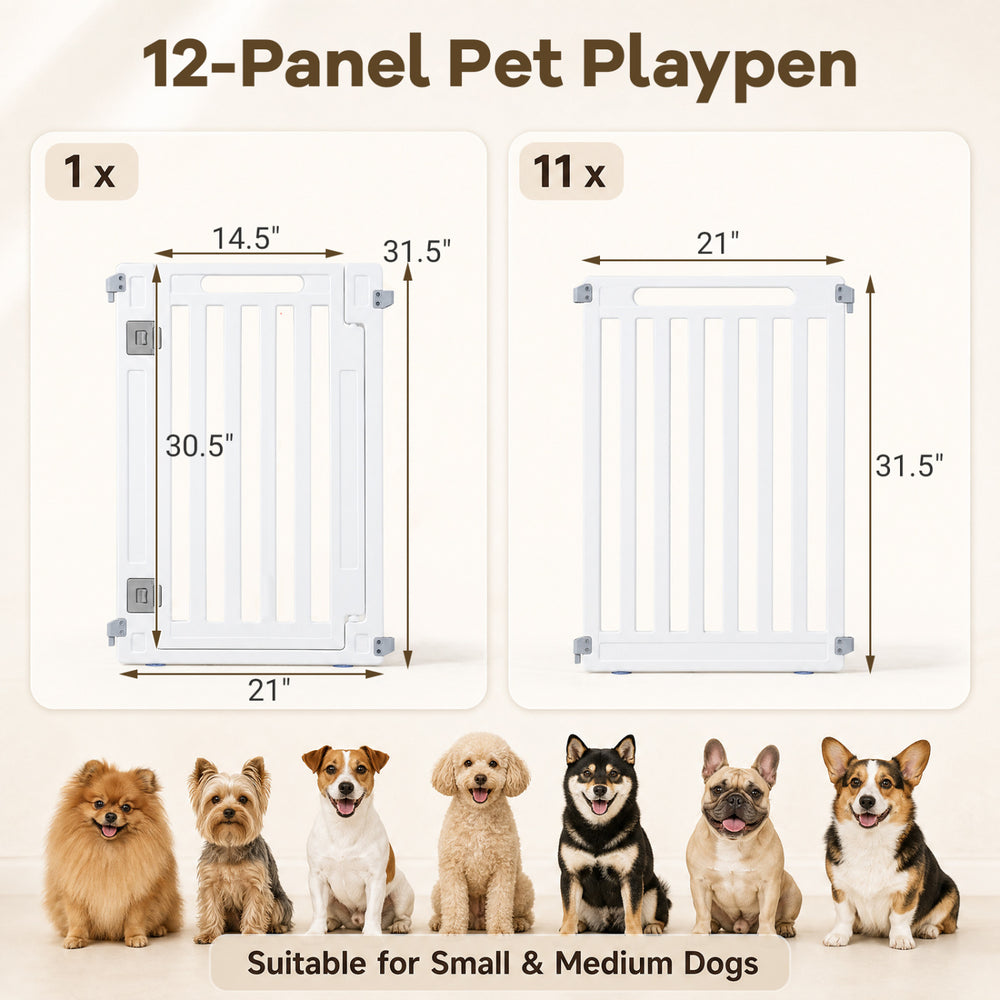12-panel white dog playpen made of durable HDPE, suitable for indoor and outdoor use, ideal for small and medium dogs.