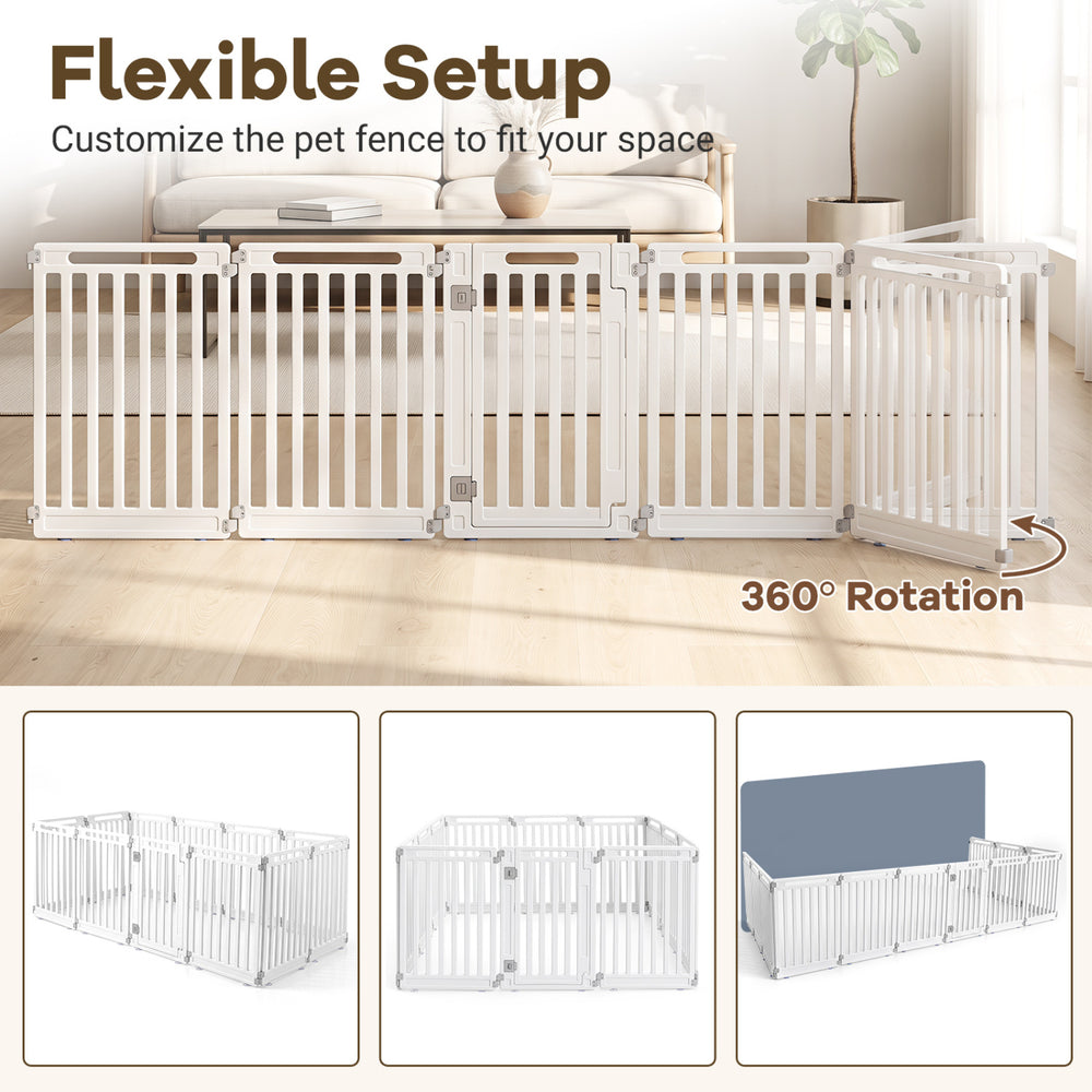 Indoor outdoor dog playpen with 12 panels, made of durable HDPE, featuring 360° rotation for customizable setups.