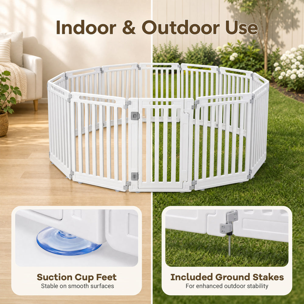 Indoor and outdoor dog playpen featuring 12 panels, made of durable HDPE with suction cup feet and ground stakes for stability.