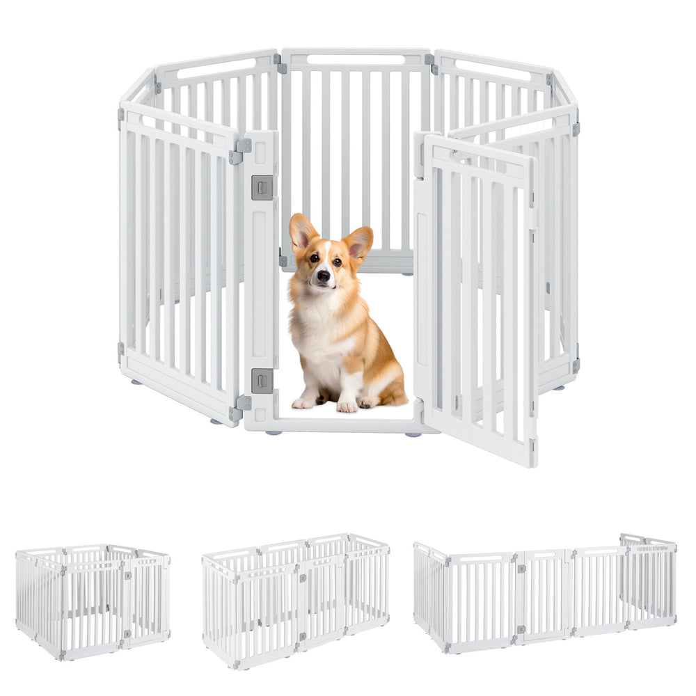 Indoor outdoor dog playpen with 8 panels in white, made of durable HDPE, ideal for customizable pet spaces.