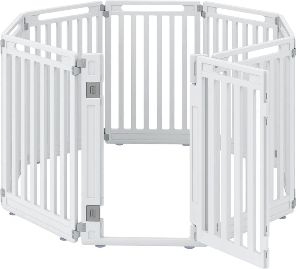 Indoor outdoor dog playpen with 8 panels, made of durable HDPE material, ideal for customizable pet spaces.