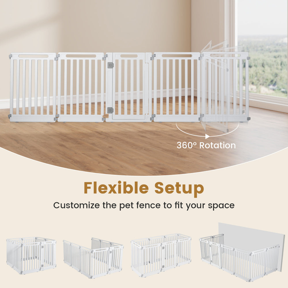Indoor outdoor dog playpen with 8 panels in white, made of durable HDPE, customizable for various spaces and uses.