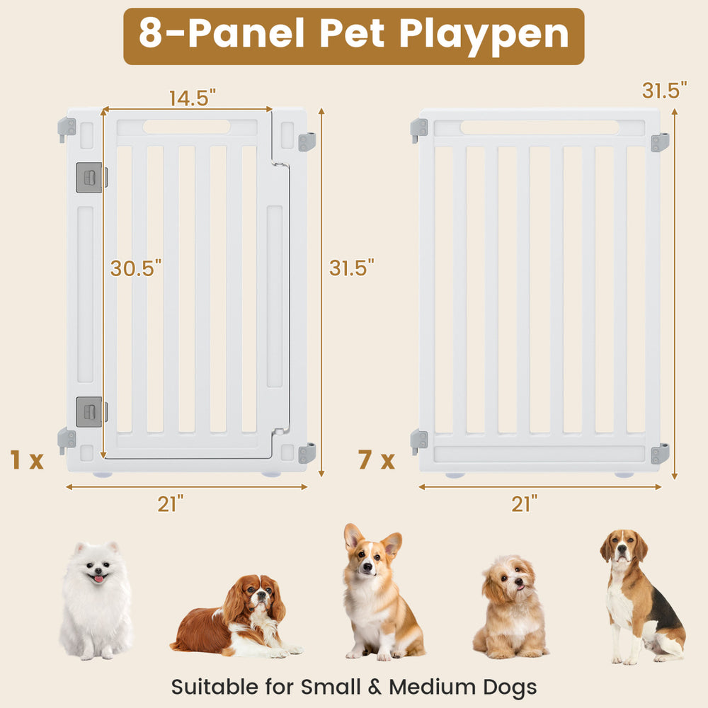 8-panel white dog playpen made of durable HDPE material, ideal for indoor and outdoor use with customizable setup options.