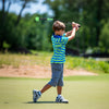 Child practicing golf swing with a 31.5-inch golf swing trainer aid, featuring a weighted head for improved balance and.