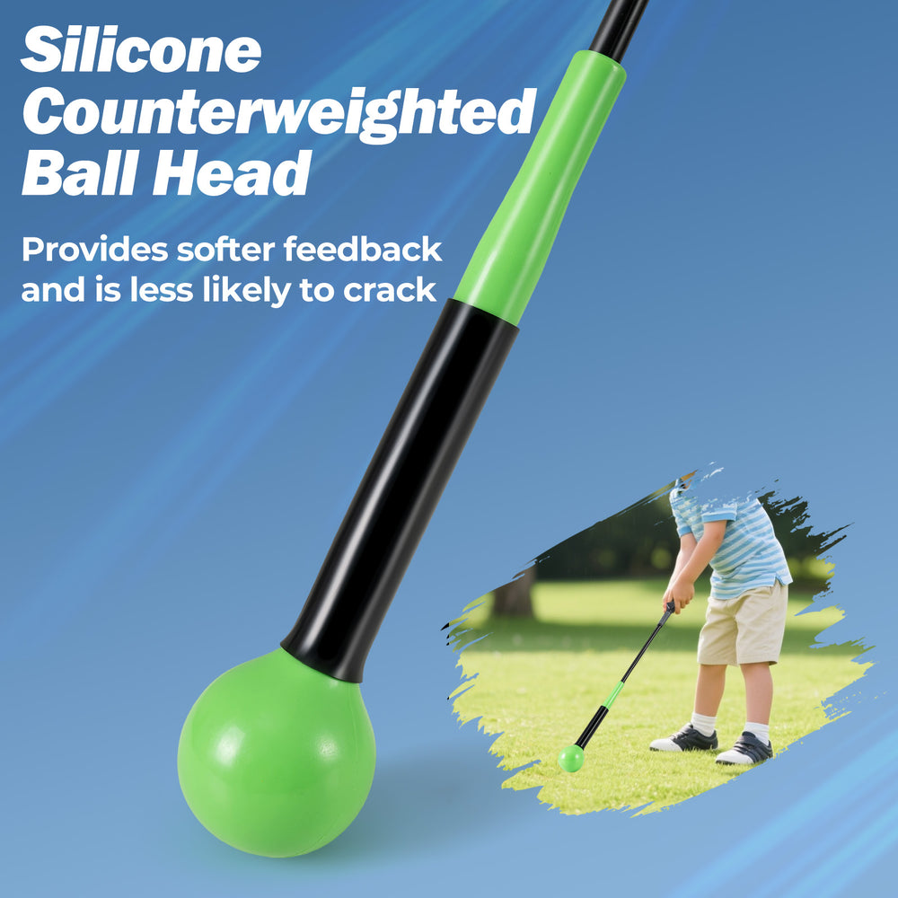 31.5-inch golf swing trainer aid with green silicone counterweighted ball head for improved grip and balance.