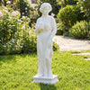 Outdoor 31.5-inch Greek goddess statue with antique finish, bouquet, and bird, perfect for garden decoration.