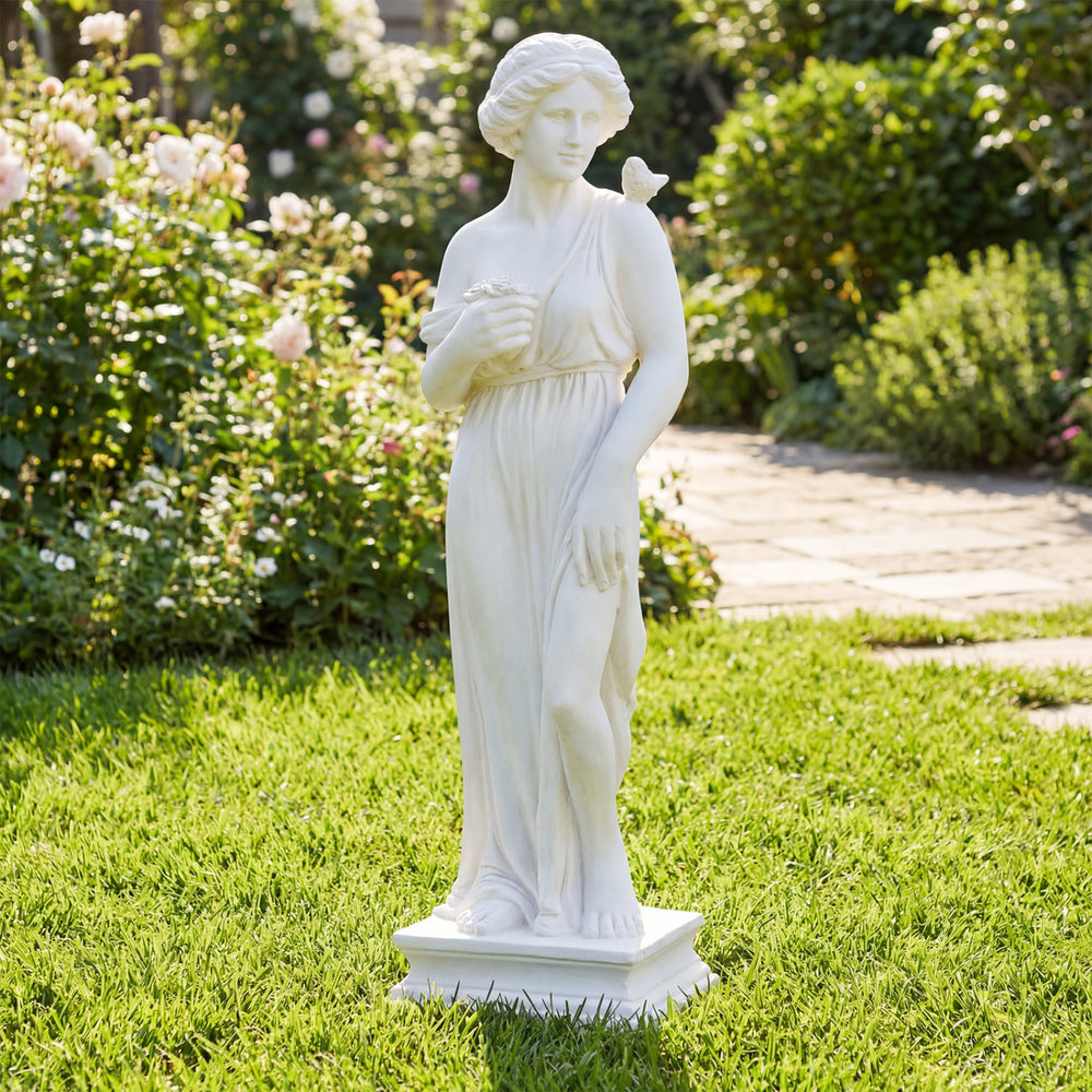 Outdoor 31.5-inch Greek goddess statue with antique finish, bouquet, and bird, perfect for garden decoration.