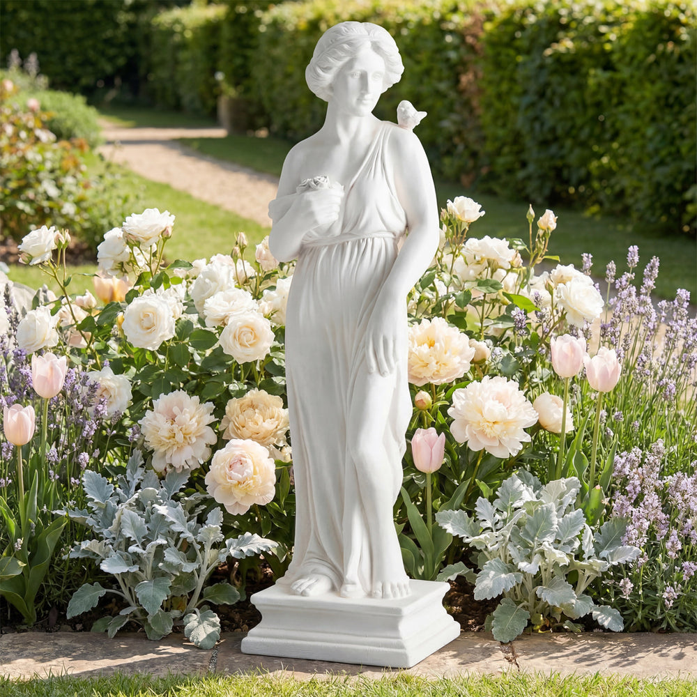 31.5-inch outdoor Greek goddess statue in white with antique finish, featuring a column base, perfect for garden decor.