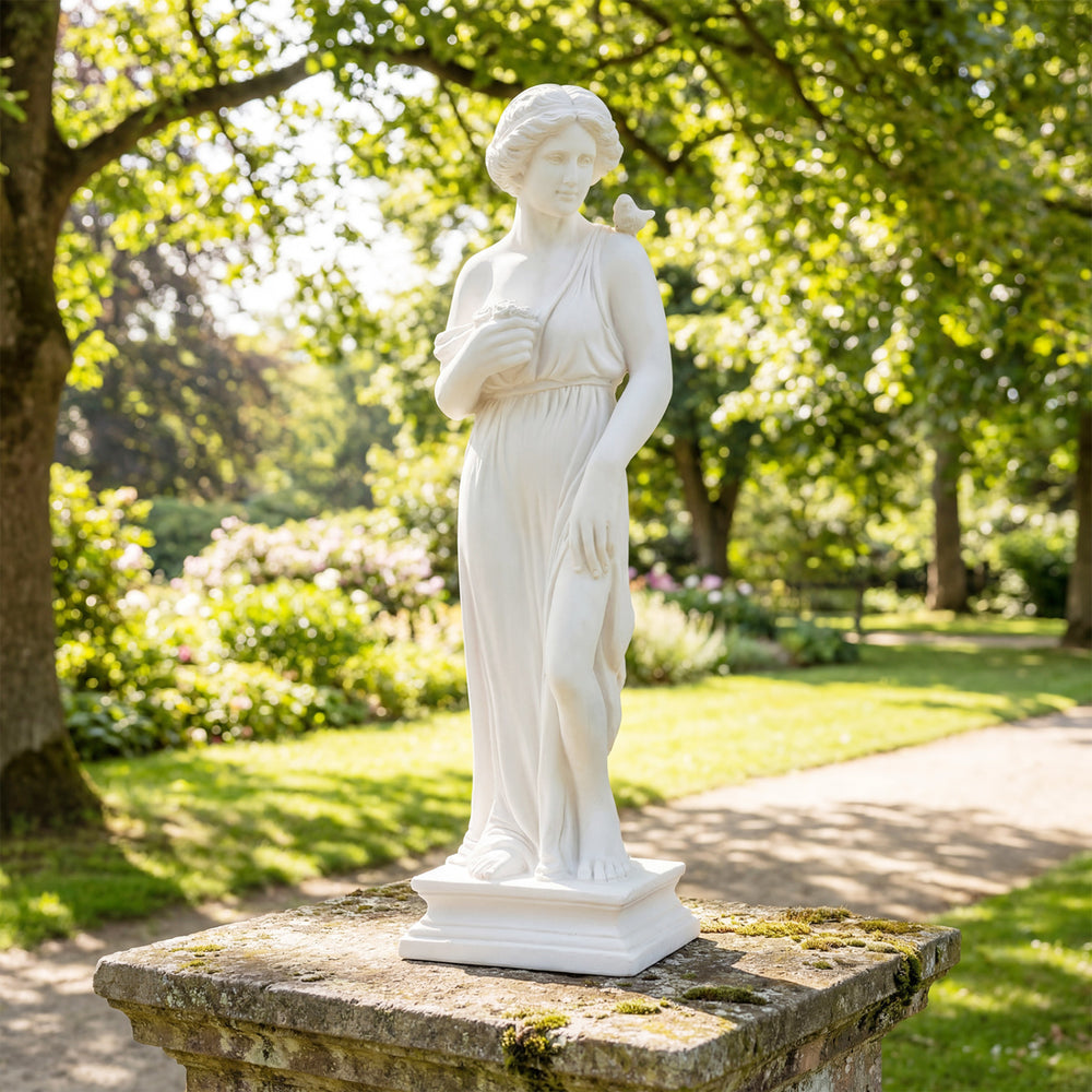 31.5-inch outdoor Greek goddess statue with antique finish, featuring a column base, ideal for garden decoration.