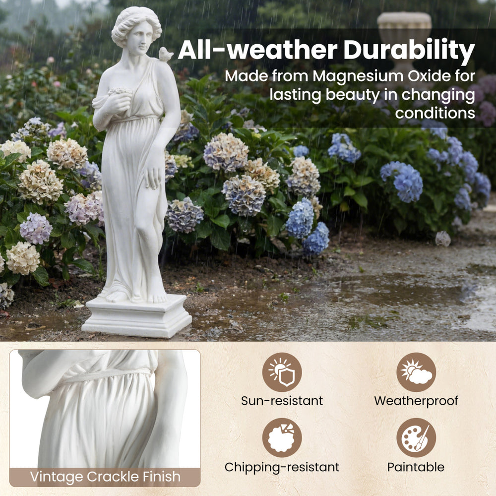 31.5-inch outdoor Greek goddess statue in white with antique finish, weatherproof for garden decoration and focal point.
