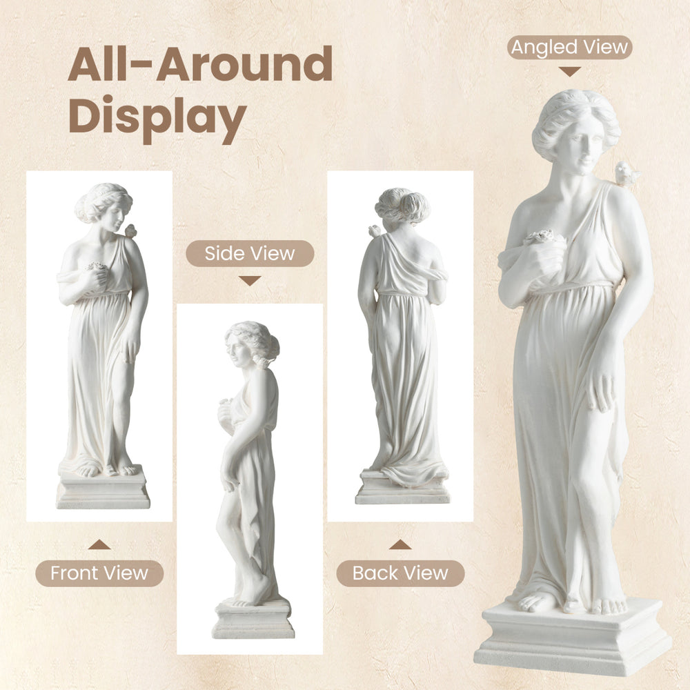 31.5-inch white Greek goddess statue with antique finish and column base, ideal for garden or home decoration.