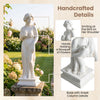 31.5-inch outdoor Greek goddess statue with antique finish, holding flowers, on a detailed column base for garden decor.