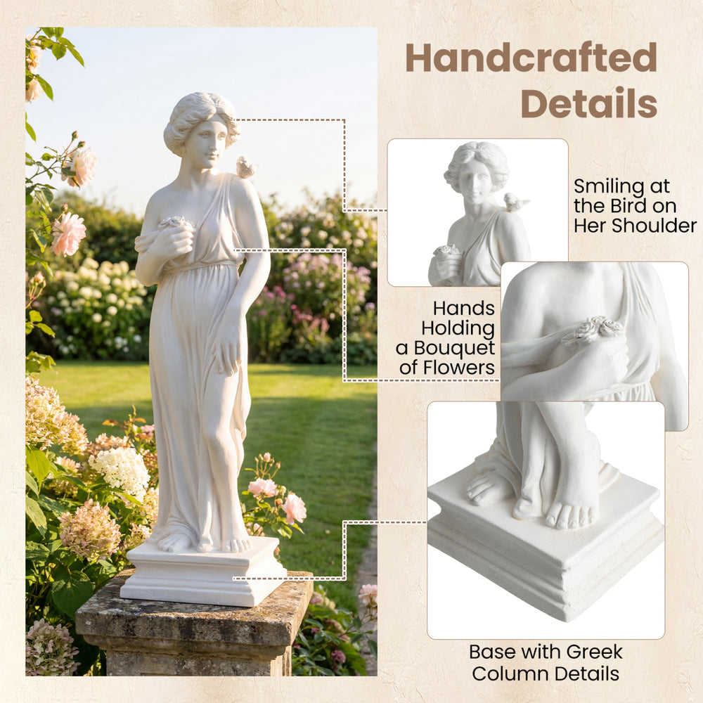 31.5-inch outdoor Greek goddess statue with antique finish, holding flowers, on a detailed column base for garden decor.