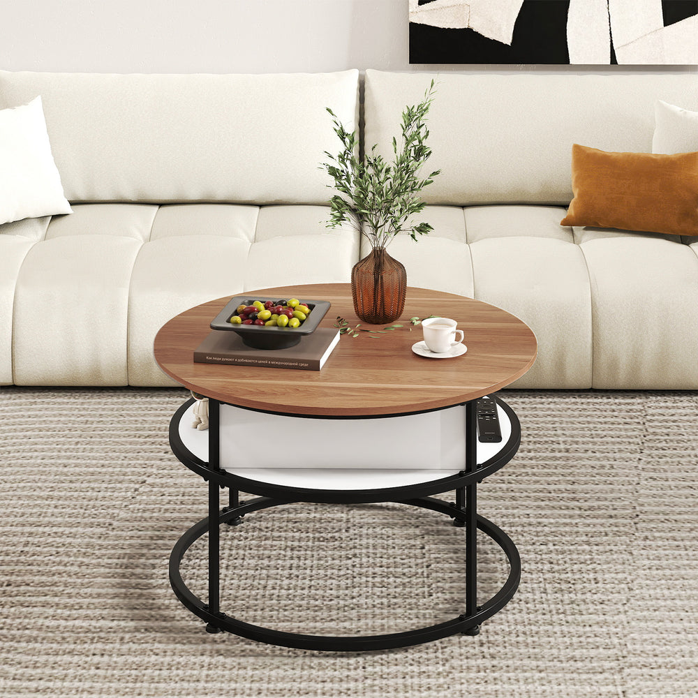 31.5 Inch Round Lift Top Coffee Table with Hidden Compartment and Side Shelves-Teak - Gallery View 1 of 11
