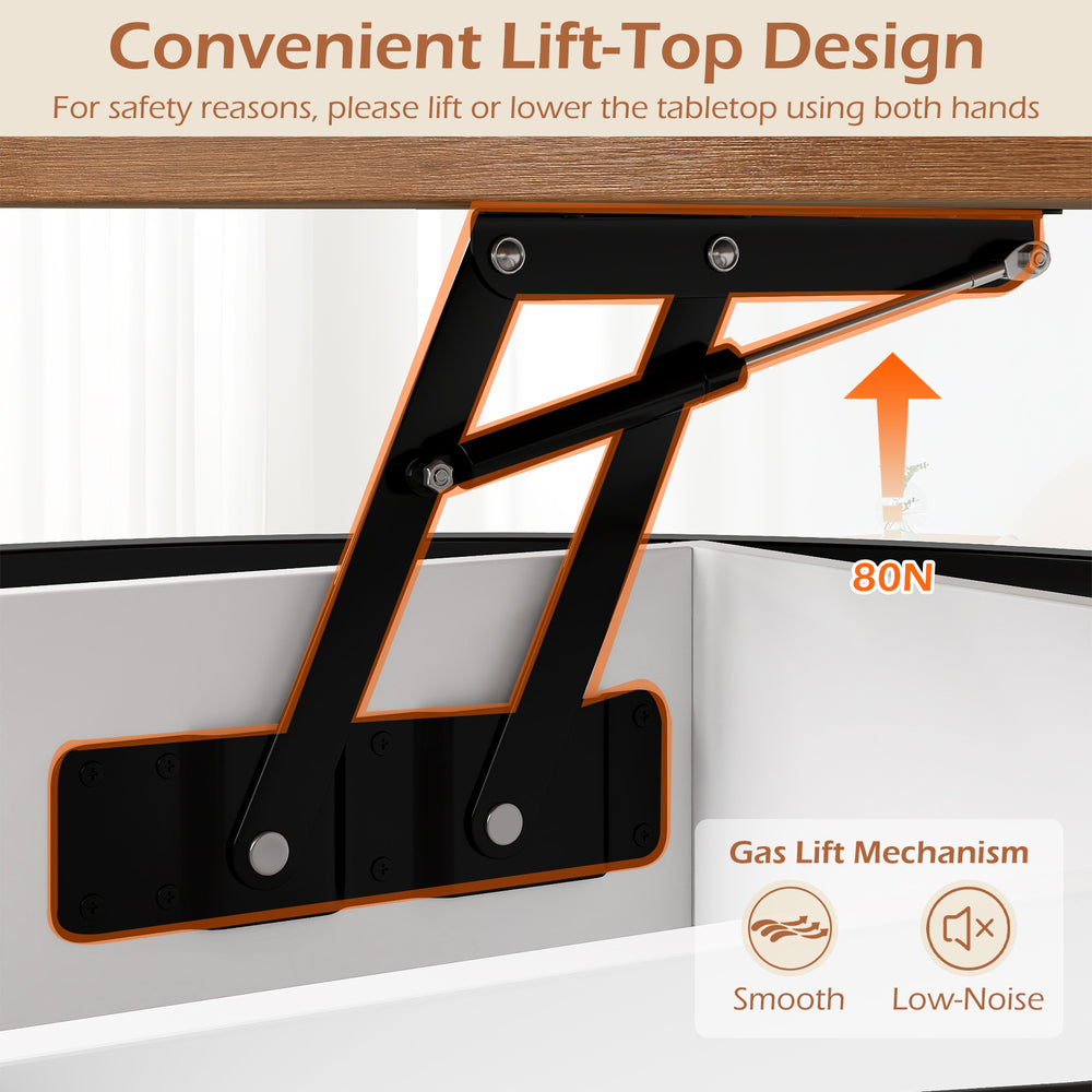 Close-up of the gas lift mechanism of the 31.5 Inch Round Lift Top Coffee Table with a strong 80N support for easy.