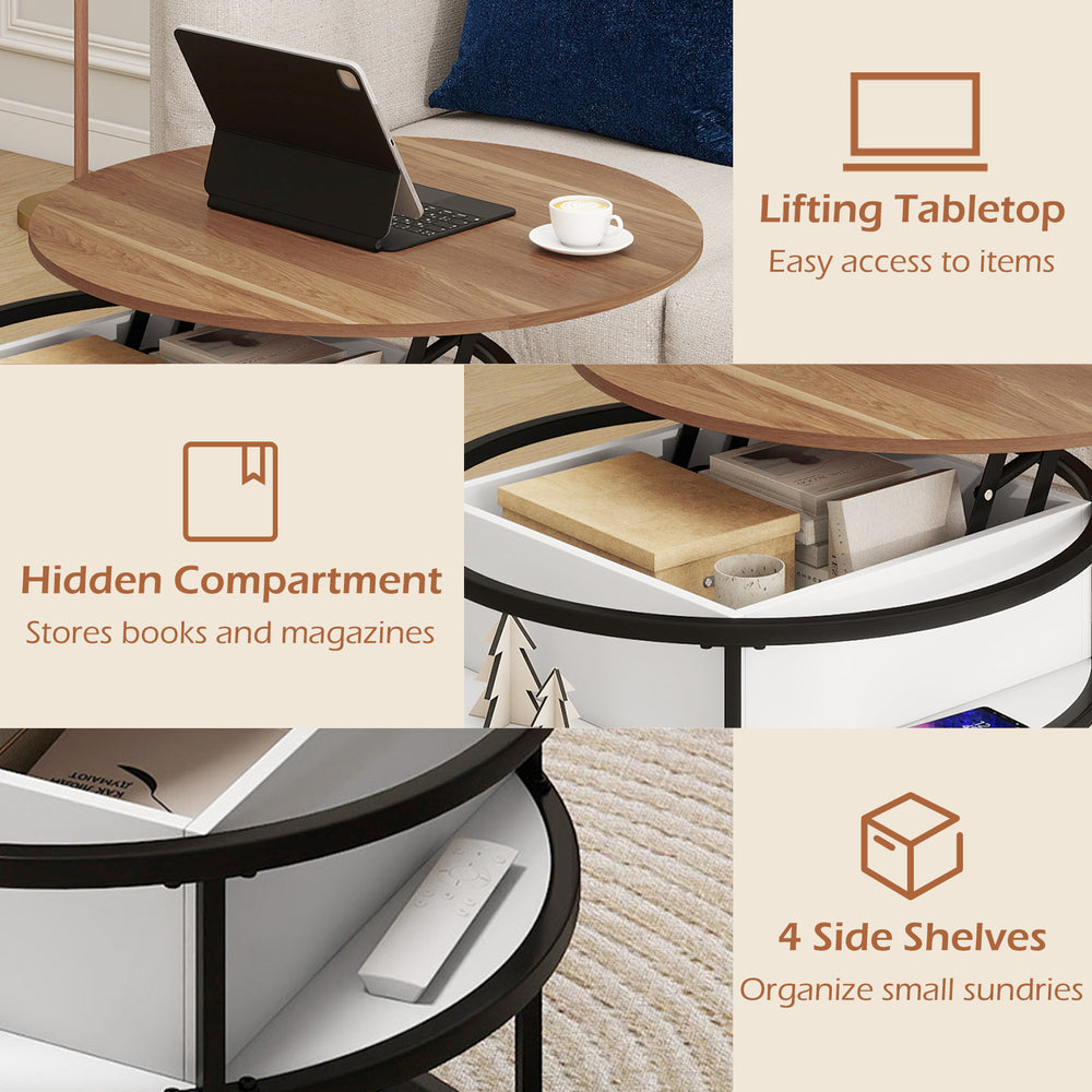 Round lift-top coffee table in teak with hidden compartment and 4 side shelves for organizing small items.
