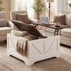 Square coffee table in rustic brown with a lifting tabletop, showcasing a cozy living room setup with decorative.