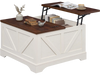 Square coffee table with a rustic brown lifting tabletop and hidden compartment for stylish storage and display.