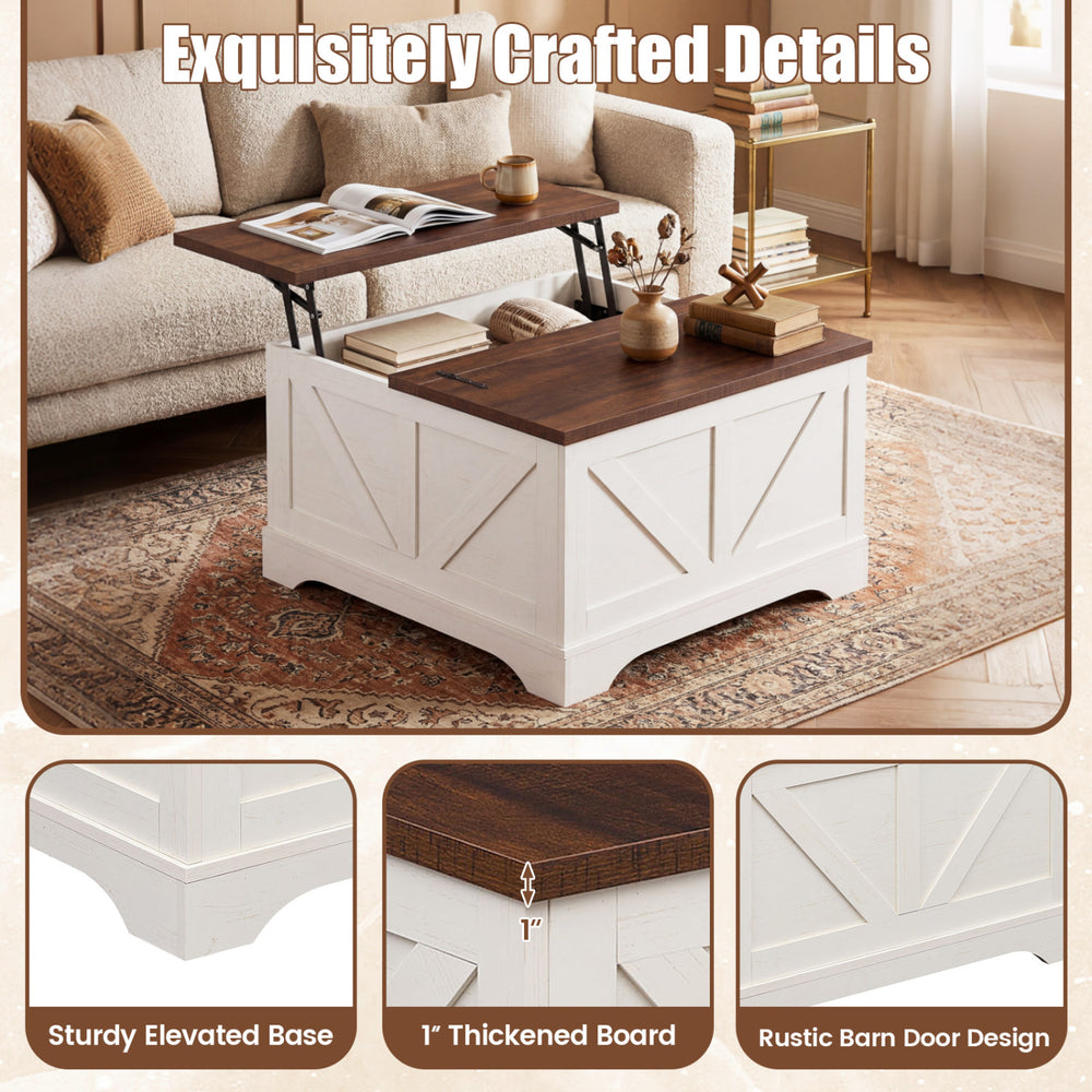 Square coffee table with rustic brown finish, lifting tabletop, and hidden compartment for stylish storage.