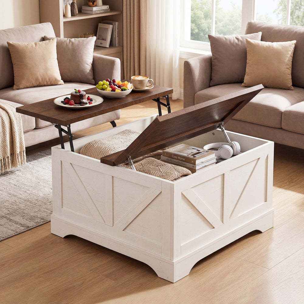 Square coffee table with a lifting tabletop and hidden compartment in rustic brown, perfect for living room storage.