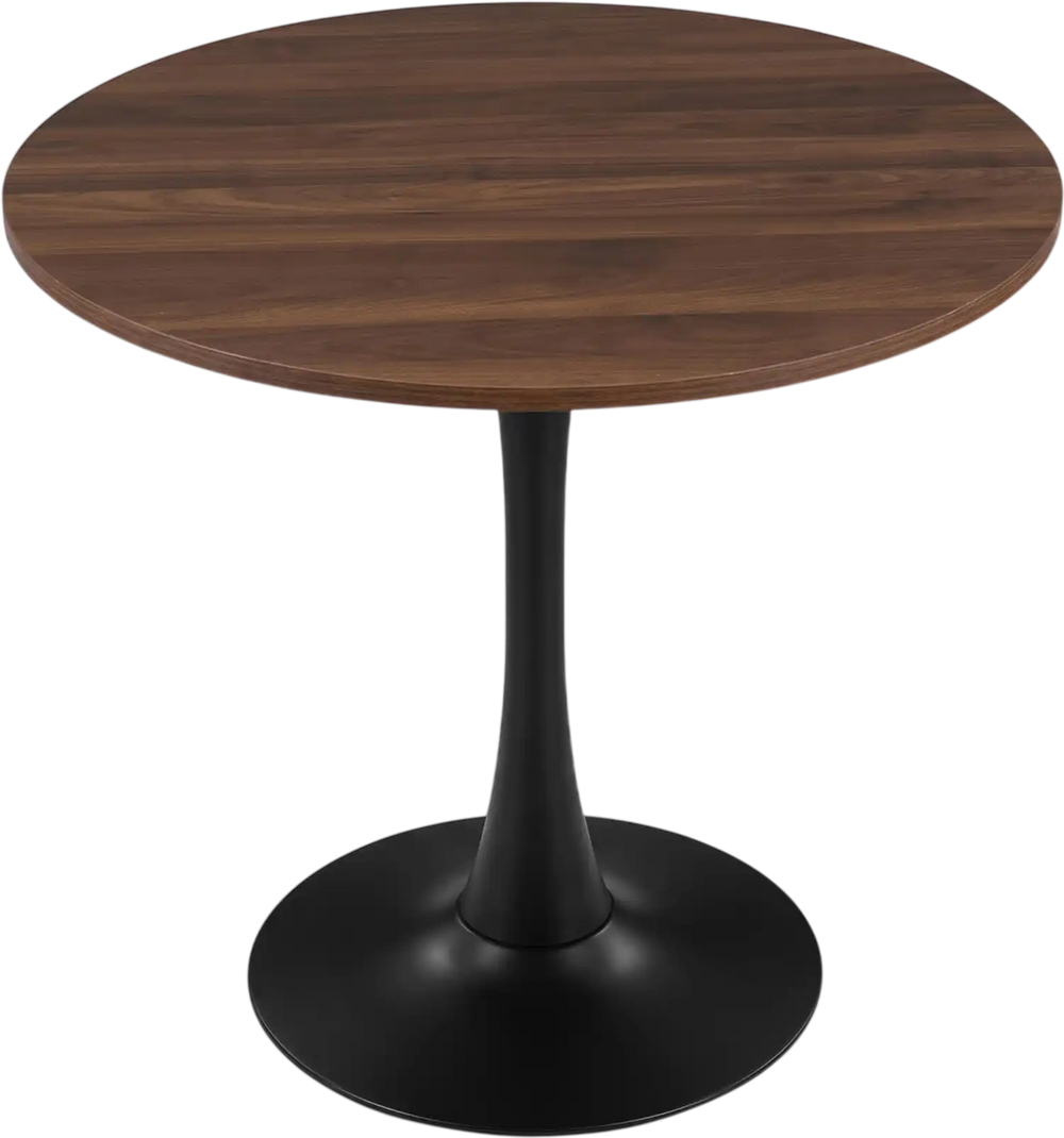 Round 31.5-inch walnut tulip table with a sturdy metal pedestal, perfect for dining rooms and small spaces.
