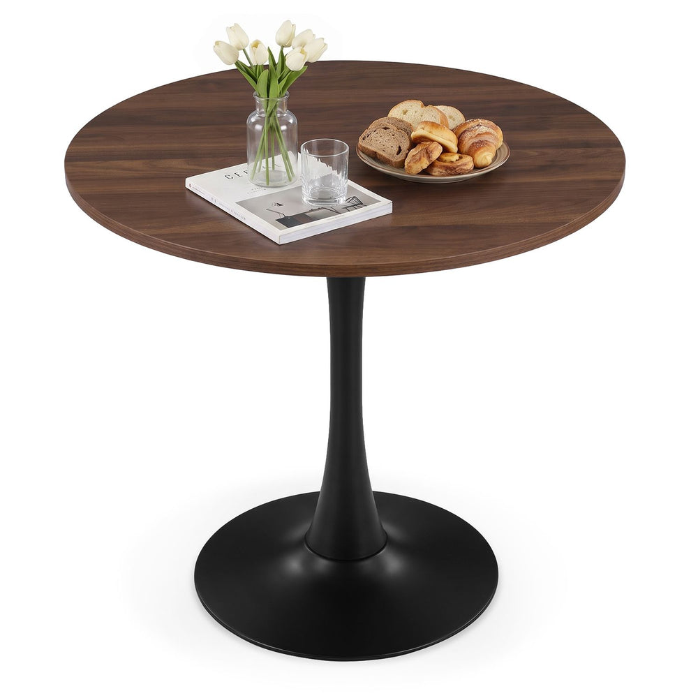 Round 31.5-inch walnut tulip table with a sturdy metal pedestal, perfect for small dining spaces or cafes.